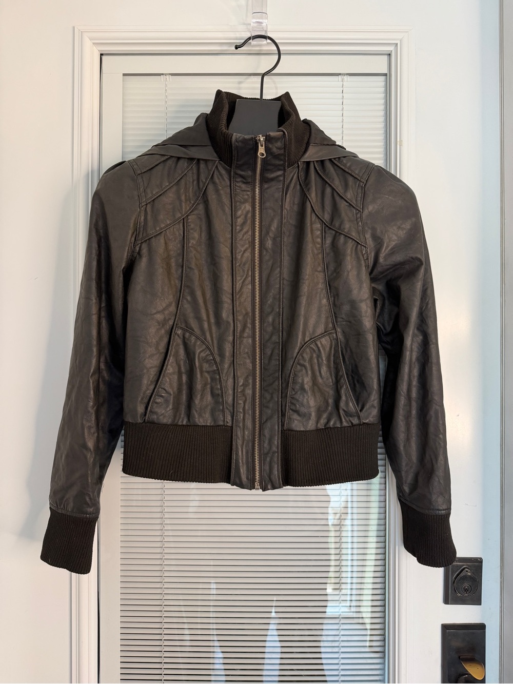 Y2K Sz L Hooded Bomber Jacket Vegan Leather Rib Knit Cuffs Collar Waistband